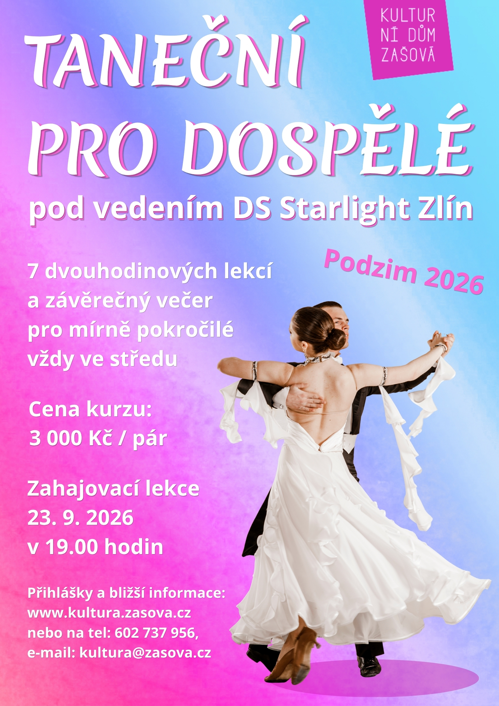 fotka tancujícího páru na barevném pozadí s informacemi