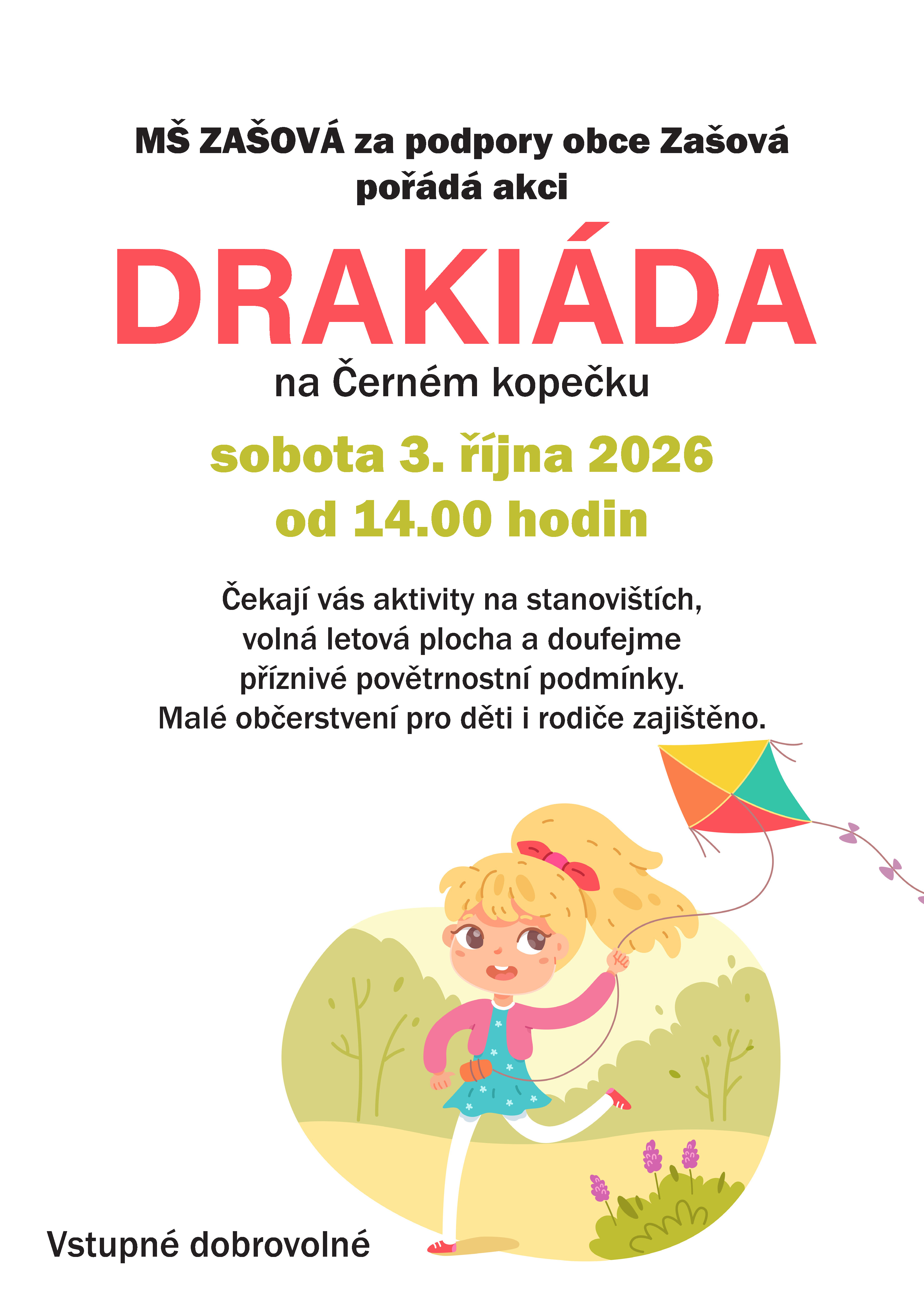 plakát s textem a holčičkou s papírovým drakem v ruce