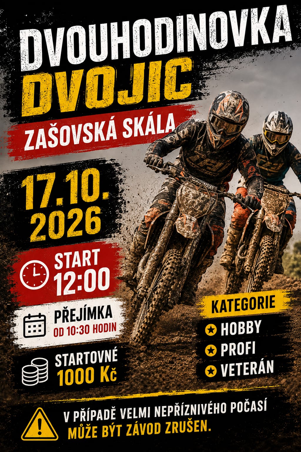 PLAKÁT S INFORMACEMI O DATUmu a čase a 2 lidi na motorkách